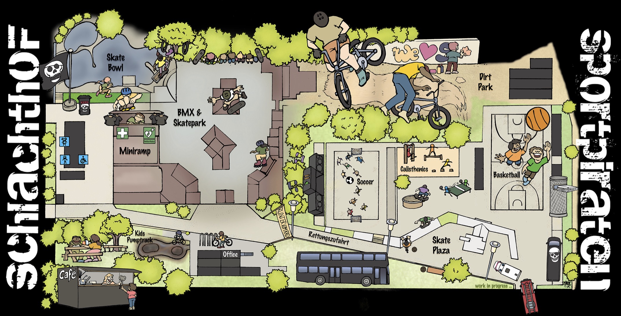 Illustrierter Lageplan des Jugendpark Schlachthof mit Skate Bowl, BMX-Park, Miniramp, Dirt Park, Fußballfeld, Basketball, Skate Plaza und Café